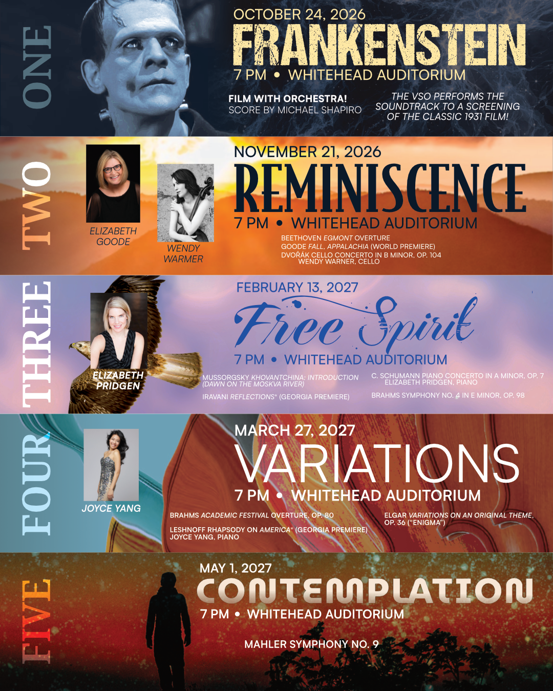 Valdosta Symphony Orchestra 2026-27 season: Frankenstein, Reminiscence, Free Spirit, Variations, Contemplation