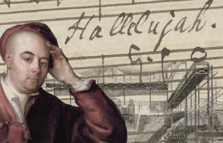 Poster with Handel, posing for his work 'Messiah.'